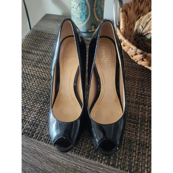 Cole Haan Nike Air Black Chelsea OT Patent Leather Peep Toe Pump - Picture 2 of 9